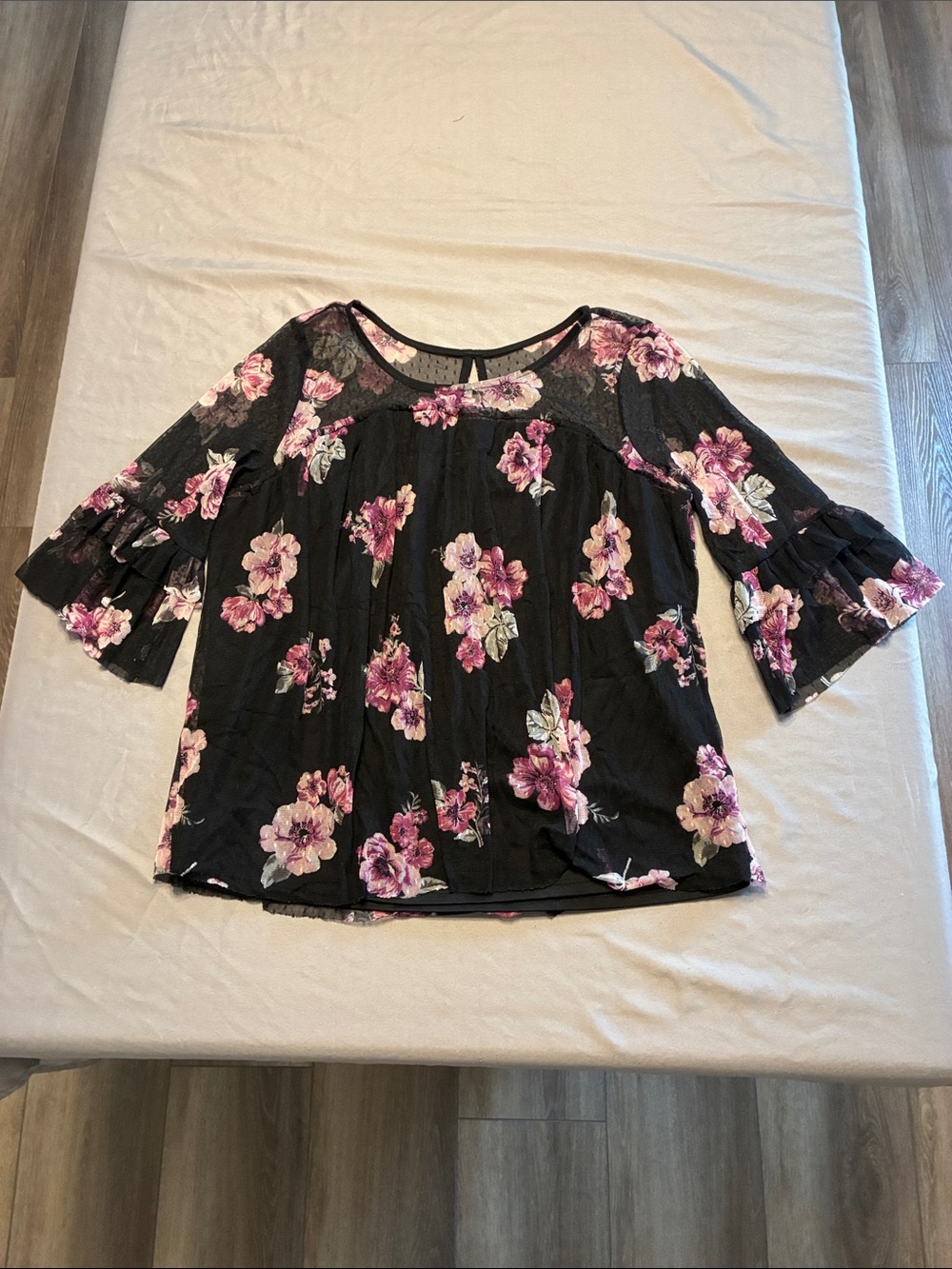 NOBO Black Floral Bell-Sleeve Tunic with Pink Blooms
